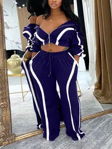 Women's M3092 Long Sleeve Colorblock Fitted Sweater Top Set, Casual Fall & Winter, Fashionable Two-Piece Sporty Style