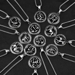 Men's Zodiac Sign Pendant Necklace Durable 316L Stainless Steel 23.6 Square Link Chain Intricate Constellation Design Ideal for Birthday Christmas Gifts