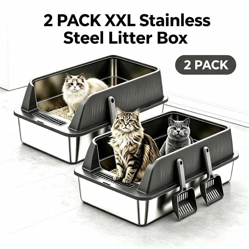 2 Pack XXL Stainless Steel Cat Litter Box, High Sided Open Top Metal Litter Pan for Large Cats, Maine Coon & Multi-Cat Homes, Non-Stick, Odor Proof, Leak Proof, Scratch Resistant, Low Litter Tracking, Easy to Clean, with 2 Litter Scoops & Non-Slip Base