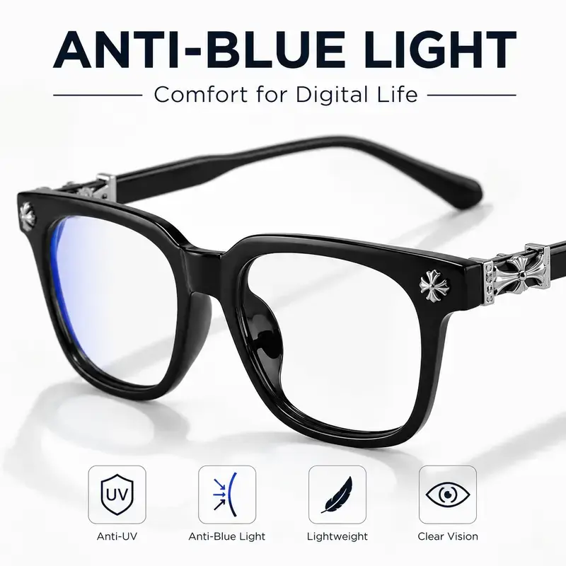 Fashion Square Frame Anti-Blue Light Glasses – Flat Lens, Versatile Casual Style for All Seasons – Metal Frame Blue Light Blocking Glasses