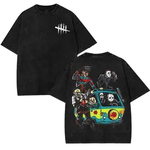 Halloween Scary Cartoon Character Print Dead By Daylight – Washed Tee Cotton Menswear Top Streetwear Prints for Man, Gaming Style Fabric Oversized