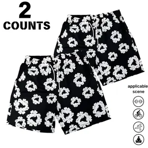 Men’s 2-Pack Black & White Floral Print Shorts – Summer Drawstring Casual Athletic Beach Pants