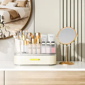 Makeup Organizer for Vanity with Stackable Drawers, 360 Rotating Makeup Brush Holder Large Cosmetic Display Case for Dresser, Bathroom Countertop Skincare Organizers and Storage, Elegant White Boxes