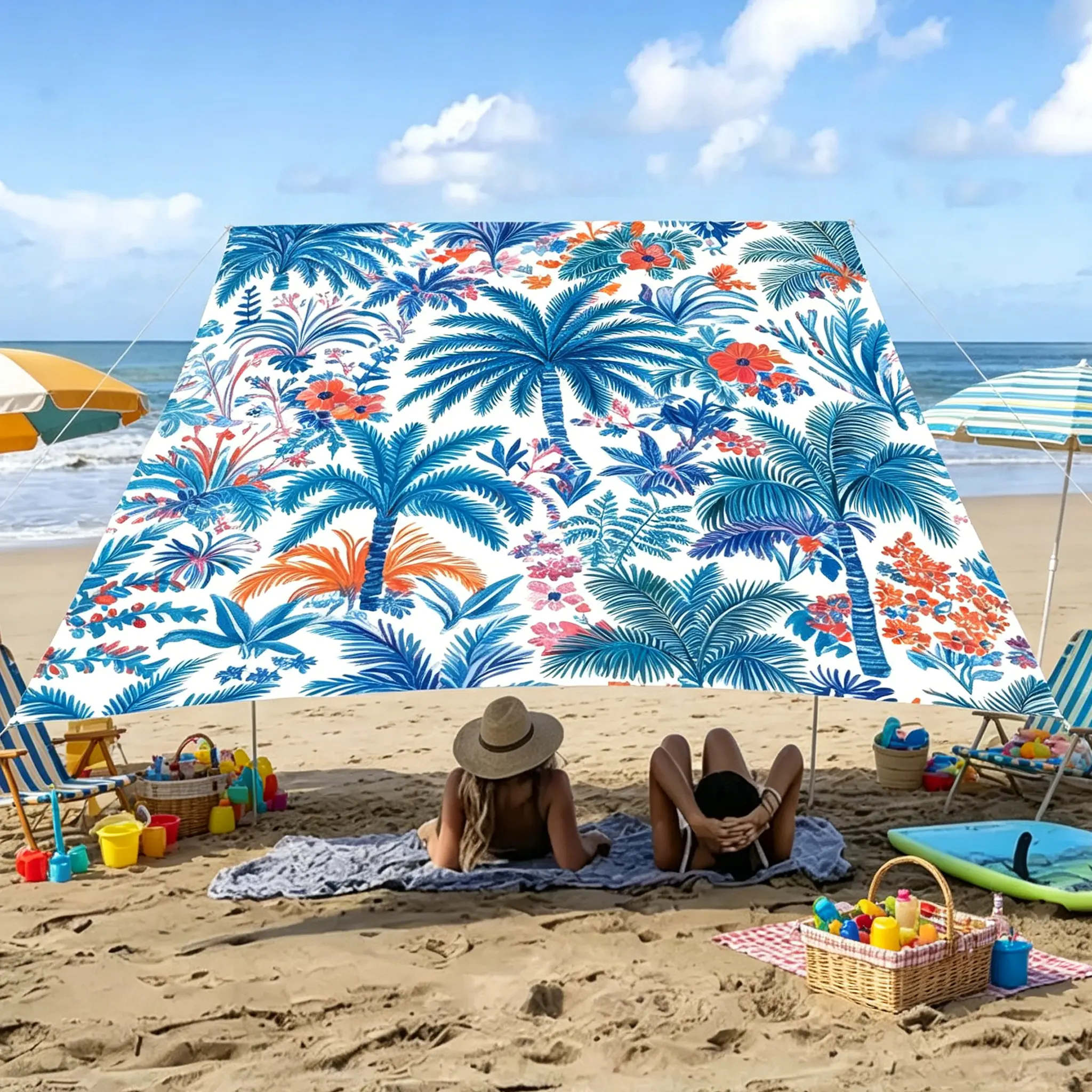Outdoor Sun Shade Sail Blue Beach Palm Tree Pattern Beach Shade Canopy Cloth Waterproof Farmhouse Summer Botanical Tear Resistant & UV Protection Sun Sail for  Beach Camping Backyard Garden Deck and Outdoor Use