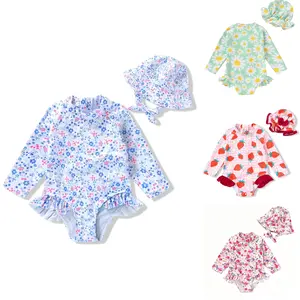 Infant Baby Girl Swimsuit One-Piece Long Sleeve Rash Guard with Hat Set Floral Zipper Bathing Suit Leopard Beach Wear Swimmingoutfit Swimoutfit