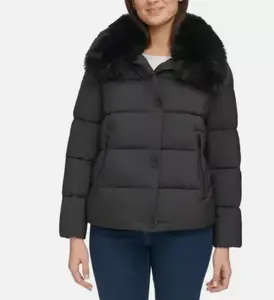 DKNY Ladies Size Large (10) Short Puffer Jacket Removable Faux Fur Collar, Black