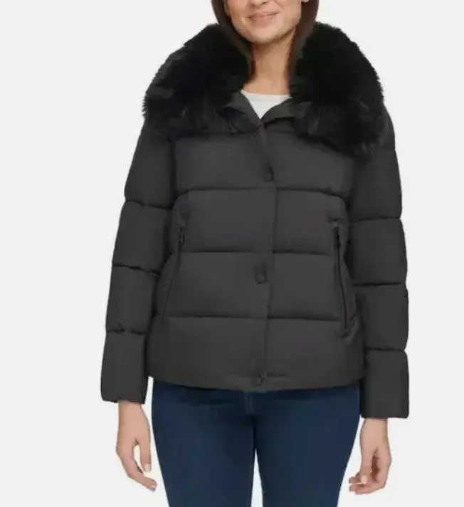 DKNY Ladies Size Large (10) Short Puffer Jacket Removable Faux Fur Collar, Black