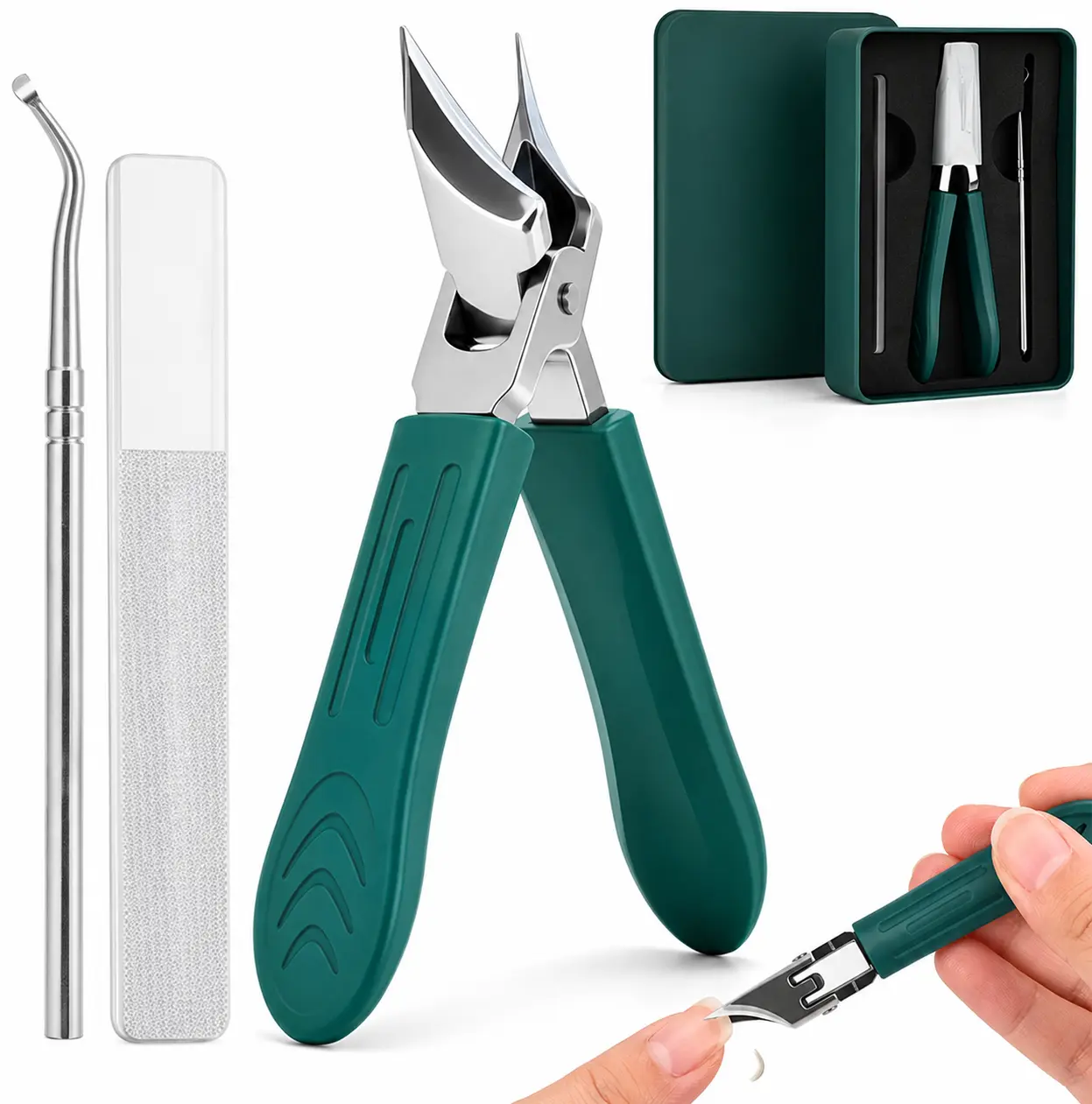 Toenail Clippers for Thick Ingrown Nails, 3-Piece Stainless Steel Manicure Set with Wide Jaw and Anti-Splash Catcher, Professional Nail Care Tools for Seniors, Storage, Lightweight, Nails Set