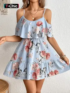 Women's Floral Print Cold Shoulder Spaghetti Strap Sleeveless Bohemian Dress, Boho Fashion Casual Dress for Daily Holiday Vacation Wear, Ladies Dress for Summer