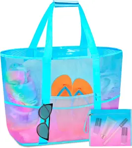 Mesh Beach Bag - Large Beach Tote Bag Women Pool Bags with Zipper 10 Pockets Foldable Beach  Bag for Towel, Flip Flops