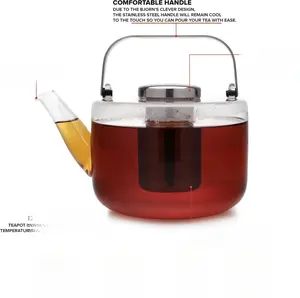 Viva Bjorn Borosilicate Glass Tea Pot 40 oz with Stainless Steel Infuser & Vented Lid for Loose Leaf & Blooming Teas - Modern Stovetop Teapot