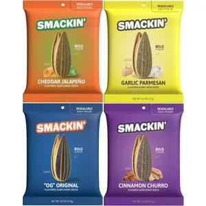 SMACKIN’ Sunflower Seeds 4-Flavor Variety Pack – 4oz Bags Cheddar Jalapeño, OG Original, Cinnamon Churro & Garlic Parmesan Snack
