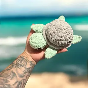 Jr the Sea Turtle Handmade Crochet Item with Fuzzy Corner, Unique Design, Soft Color, Perfect for Home Decor