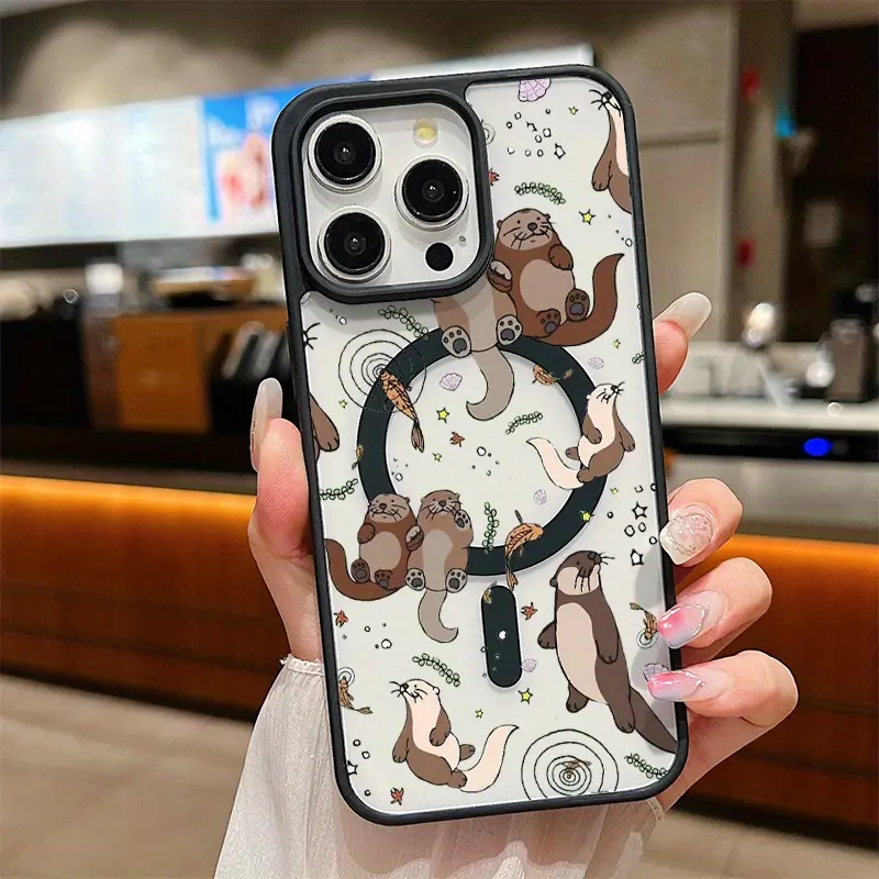 Charming otters frolic within a transparent, premium magnetic wireless charging case designed for iPhone 17 E Air Pro ProMax iPhone16 15 14 Plus 13 12 Mini 11 X XS XR featuring shock-absorbing and thickened protection., Smartphone, Handheld, Cellphone
