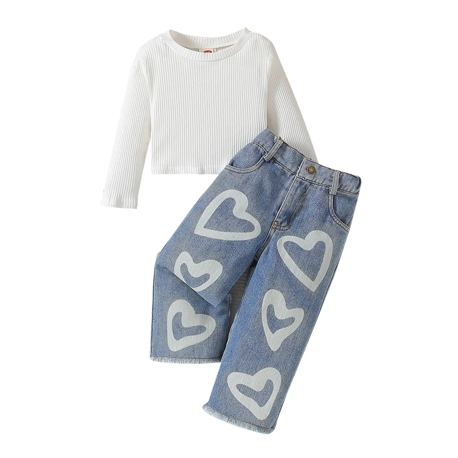 Toddler Girls Clothes Ribbed Baby Kids Girl Denim Outfits Long Sleeve Tops Love Hearts Jeans Pants