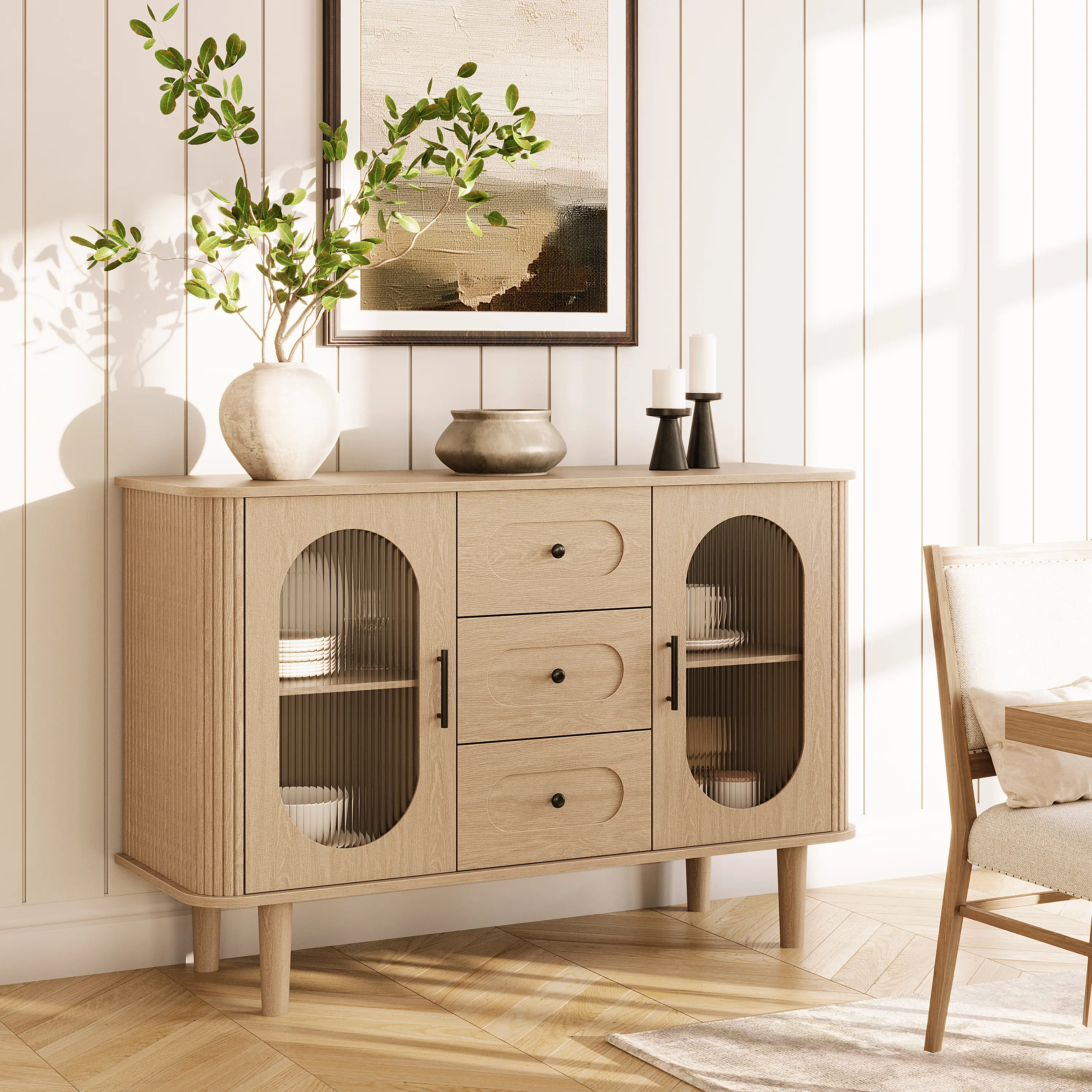 47" Sideboard Buffet Cabinet with Fluted Glass Doors and 3 Drawers, Modern Mid-Century Credenza with Adjustable Shelves, Ideal Storage Furniture for Kitchen, Dining Room and Living Room.
