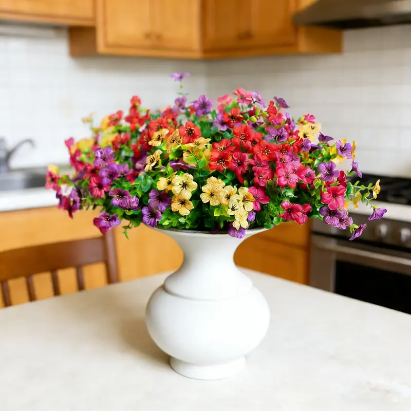 Artificial Flowers for Outdoor Indoor Garden Home Decoration, Faux Flower Daisy with Eucalyptus Leaves Fake Plants Greenery Boxwood Porch Patio, 12 Bundles (Mix Pink Red Purple Yellow)