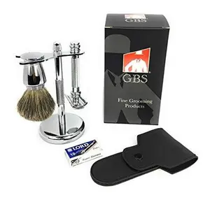 G.B.S Men's Premium Shaving Gift Set, Long Barber Pole Razor and Pure Badger Brush Stand, Double Edge Razor Leather Case and Blades Plastic Comfort