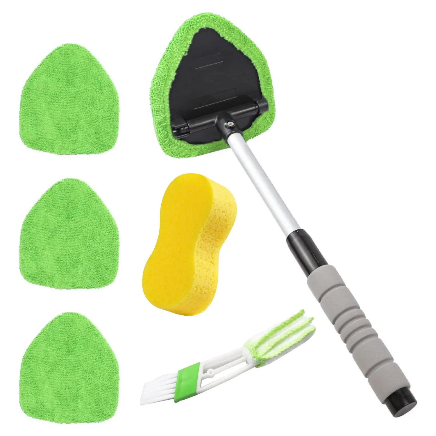 Car Windshield Cleaning Tool, Car Windshield Window Cleaner, Auto Window Glass Cleaning Kit with Extendable Handle & Reusable Microfiber Pad & Car Wash Sponge & Car Air Vent Brush, Universal Car Accessories