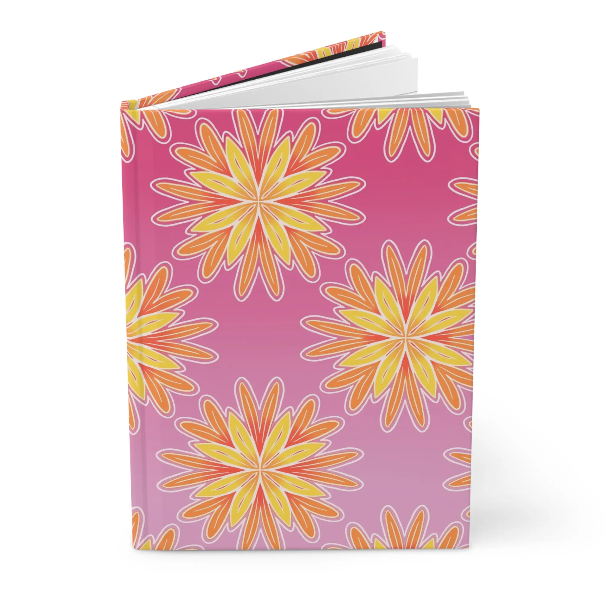 Yellow Orange Floral Pattern Hardcover Journal | Matte Pink Background