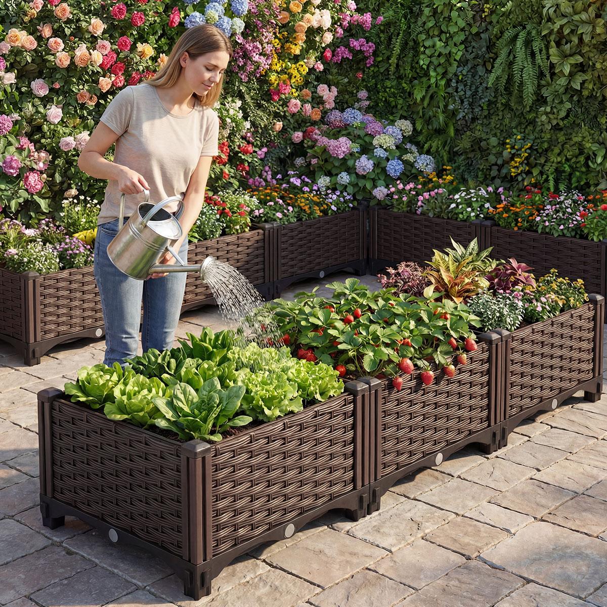 Self-Watering Raised Garden Bed - 118cm x 21.5cm, No Screws Needed, Strengthened PP, Breathable, Heat & Frost Resistant, Elevated Planting Box with Pot Trays, Large Capacity, Outdoor Planters, Patio Planters (Mother's Day Gift)