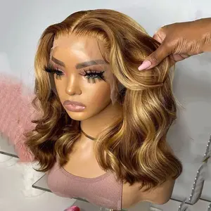 Bob Wig Human Hair 13x4 Highlight Body Wave Lace Front Wigs Human Hair 180 Density HD Lace Frontal Wig Human Hair Ombre 4/27 Brown and Honey Blonde Glueless Balayage Short Bob Wigs for Women 14 Inch