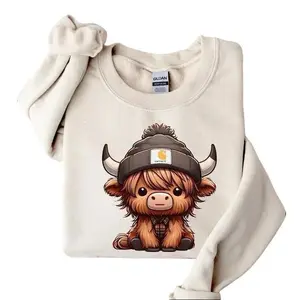 Highland Cow Sweatshirt with Cute Cow Design, Long Sleeve Western Crewneck for Men, Casual Green Tops, Perfect Cow Gifts for Holiday, Apparel Made In The USA	