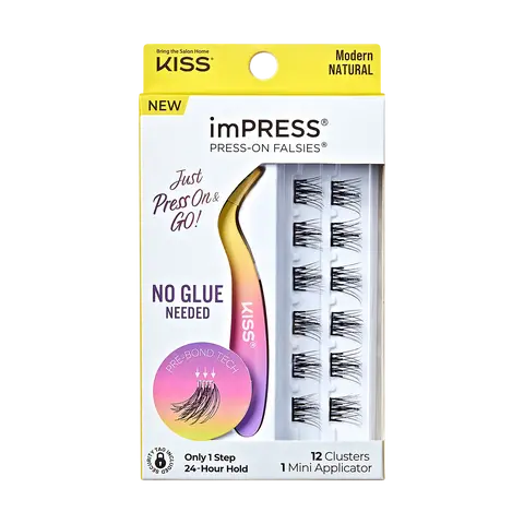 Impress Falsies Pre-Glued False Eyelashes Minipack - Modern | 12 Lash Clusters, With Mini Applicator, 12mm-14mm