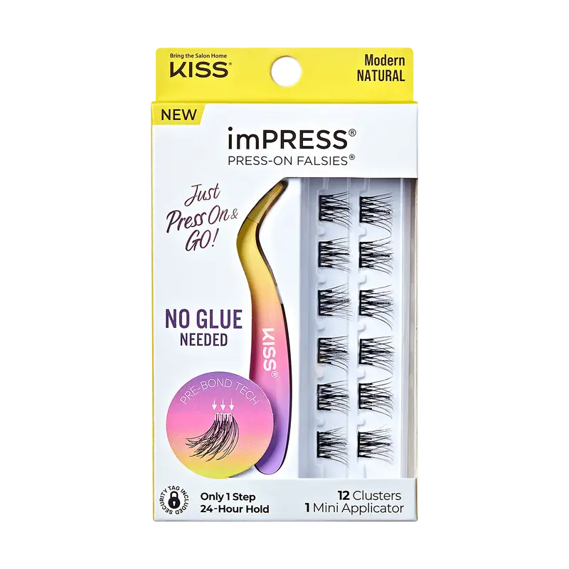 Impress Falsies Pre-Glued False Eyelashes Minipack - Modern | 12 Lash Clusters, With Mini Applicator, 12mm-14mm