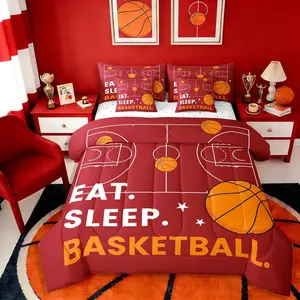 Boys Basketball Comforter Set with Sheets 7 Piece Red Sports Theme Bed in A Bag Gaming Sports Ball Games Bedding Set,for Women Men Basketball Court Pattern Bed Set