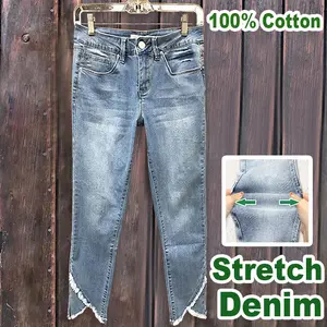 Cherrybetty Women's Cotton Casual Irregular Frayed Hem Cropped Jeans in Cotton Denim Unique Design Everyday Wear Streetwear Bottoms Basic straight leg jeans  mom jeans