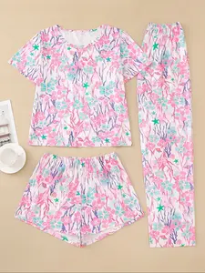 Women's Floral Star Coral Print Sleepwear Set, Short Sleeve Round Neck Top, Loose Elastic Shorts & Pants, Casual All-Season Loungewear Pajamas