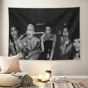 Kardashian Family Middle Finger Black White Wall Flag, Grunge Celebrity Party Photo Tapestry, Mid-century Modern Y2K Living Room Wall Decor for Adult Fans, Iconic Reality TV Star Print Wall Hanging