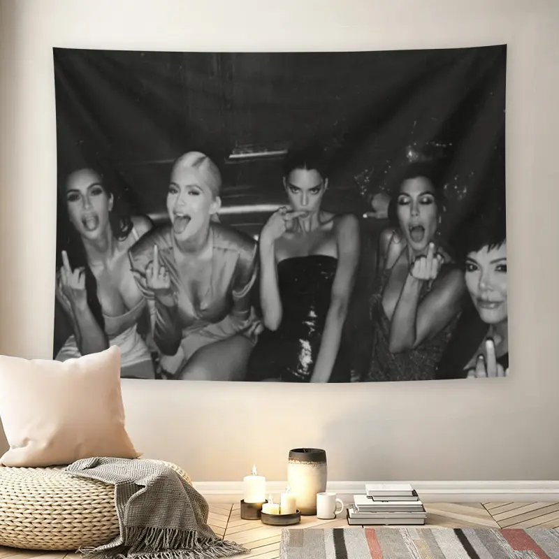 Kardashian Family Middle Finger Black White Wall Flag, Grunge Celebrity Party Photo Funny Tapestry, Mid-century Modern Y2K Living Room Wall Decoration for Adult Fans, Iconic Reality TV Star Print Home Wall Hanging