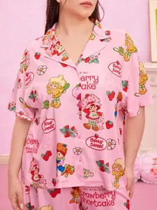 Strawberry Shortcake Plus Size Women Summer Cute Cartoon Figure Graphic & Strawberry Letter Graphic Lapel Collar Dropped Shoulder Loose Top And Pants Loose Pajama Set Pajama Shirt For Women Kawaii Pajamas Strawberry Pajamas