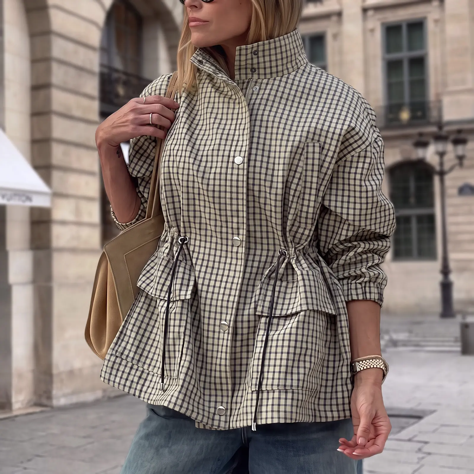 Tankaneo Women's Gingham Zipper Barn Jacket - Loose Fit, Windproof Tops with Drawstring, Button, Check Cargo Design, Ideal for Thanksgiving Outdoors, Easy to Pair with Bottoms, Trench Coat, Chic