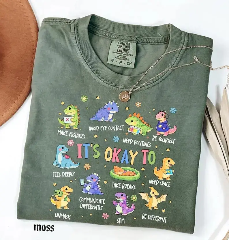 Autism Awareness Dinosaur Comfort Colors T-Shirt: It's Ok To Be Different Shirt, Autism Mom Shirts, SPED Teacher Neurodiversity Tee Casual Comfy Tee Casual Letter Print