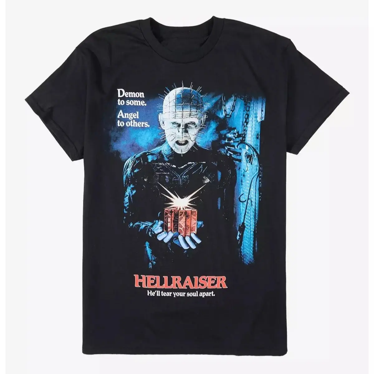 Women's Fitted Casual Short-Sleeve Hellraiser Poster T-Shirt, 80s Cult Horror Graphic Top, Halloween Tee, Gift for Hellraiser Fans