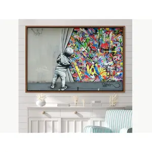 Banksy British Artist Kid Spray Paint Curtain Graffiti and Street Art Illustrations Canvas Art Print, Frame Large Wall Art, Gift, Wall Decor