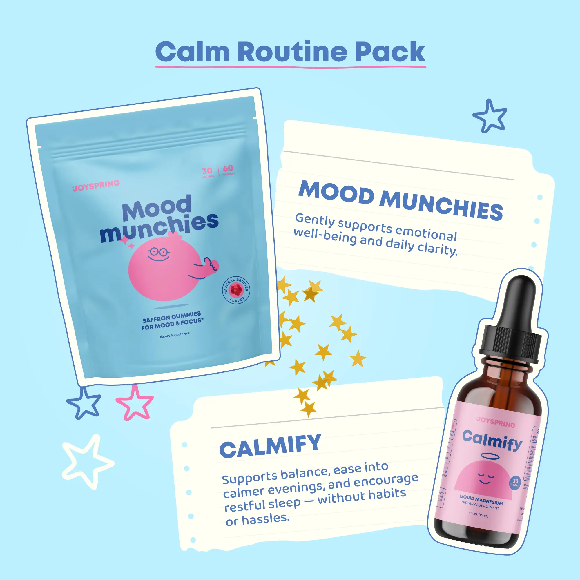 JoySpring Calm & Reset Routine | Saffron Mood Munchies Gummies for Mood and Focus + Calmify Liquid Magnesium for Calm and Restful Evenings