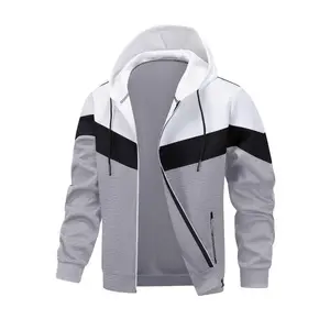 Men's Patchwork Zip Up Hooded Jacket Windproof Long Sleeve Casual Sweatshirt Outdoor Sports Outerwear All Season Street Fashion