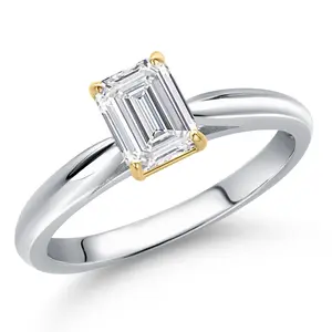 Gem Stone King 10K Two Tone Gold Lab Grown Diamond Engagement Ring For Women | 0.65 Cttw | Emerald Cut 6X4MM | Gemstone April Birthstone | DEF Color | VVS-VS Clarity