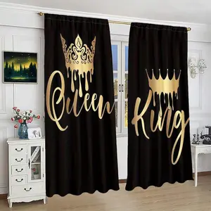 King Queen Crown Print Curtains Set, Fashionable Room Decor Curtain Rod Pocket Window Drapes for Bedroom & Living Room, Comfortable Atmosphere, Easy Installation