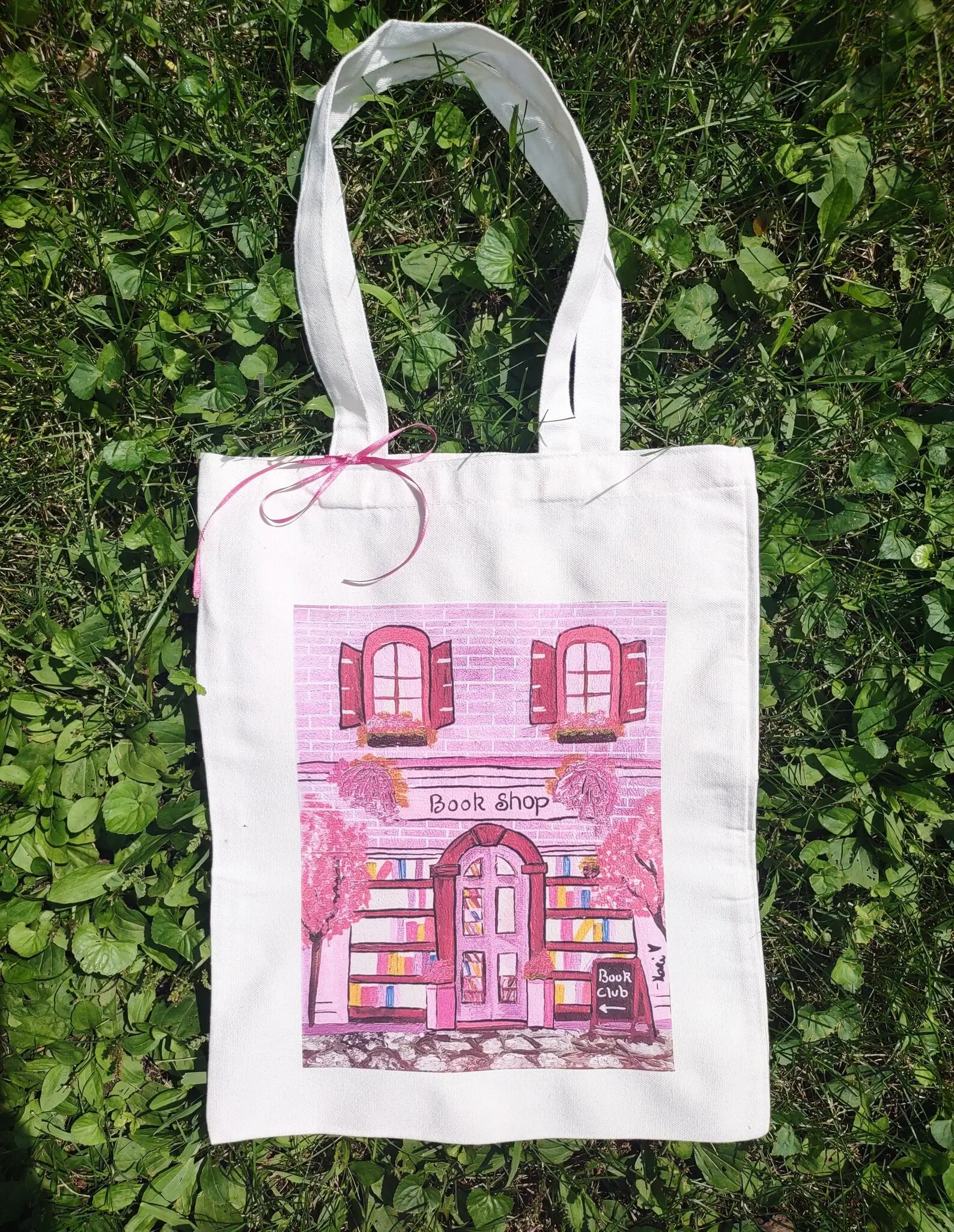 Bookshop Medium Tote Bag | Vintage Lilac Bookstore Bookbag with Pink Ribbon | Bookish Things Gift | Original Handmade Canvas Bag by Artist