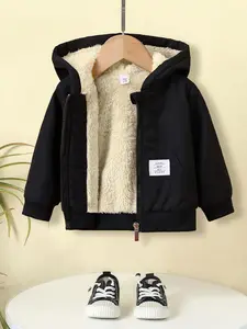 Baby's Pocket Zipper Thermal Lined Hooded Jacket, Letter Patched Long Sleeve Outerwear, Casual Warm Outerwear for Infant Toddler Kids, Zip Up Coats