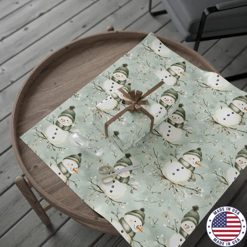 Sage Snowman Christmas Wrapping Paper Rolls, Winter Gift Wrap, Soft Green Snowman Gift Wrap, Neutral Holiday Paper