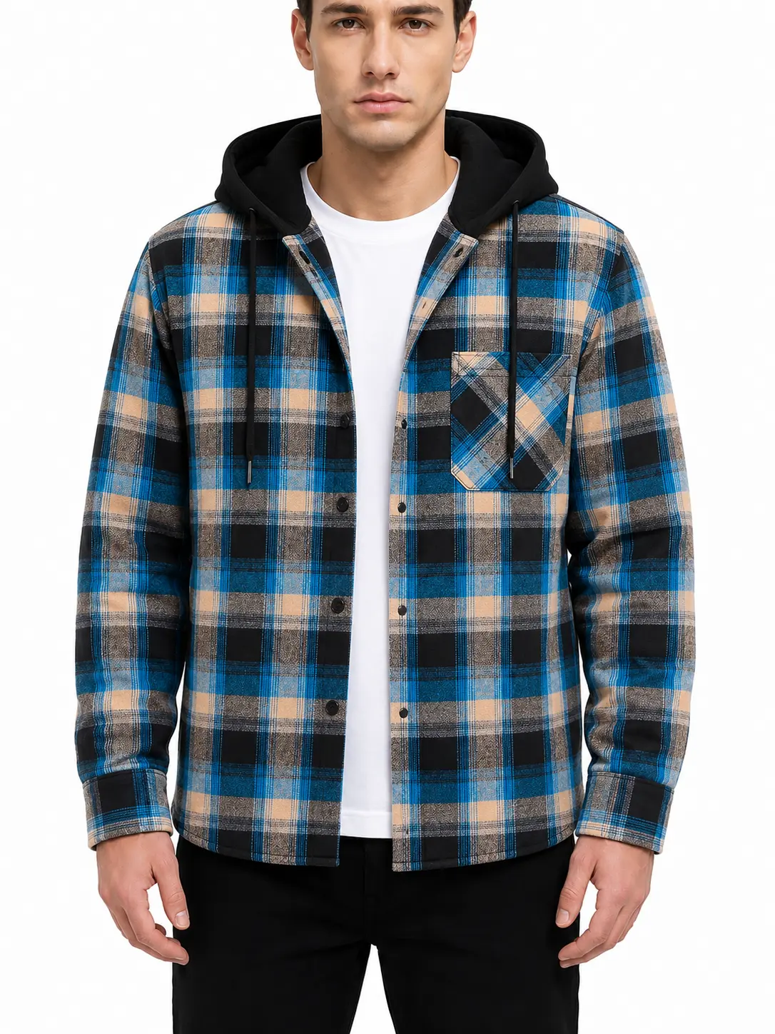 ZITY Men's Checked Plaid Flannel Hooded Shirt - Lightweight Long Sleeve, Loose Cut Button Down, Spring Polyester Blend, Layering Top with Pocket, Casual Ootd Outfit Inspiration Streetwear Piece, Sweatshirts