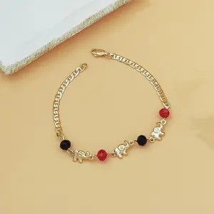 Bohemian Elephant Charm Sports Wristband - Gold Cuban Link Beaded Bracelets with Red & Black Beads, Dainty Unisex Accessory for Retro Look, Daily Use