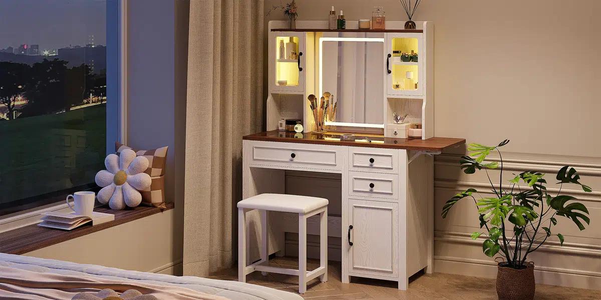 IRONCK Modern Farmhouse Style Makeup Vanity Set With Mirror And Lights, Adjustable Brightness, Vanity Desk With Built-in Tempered Glass, Folding Panel, Power Outlet And Vanity Stool IRONCK Modern Farmhouse Style Makeup Vanity Set With Mirror And Lights, Adjustable Brightness, Vanity Desk With Built-in Tempered Glass, Folding Panel, Power Outlet And Vanity Stool