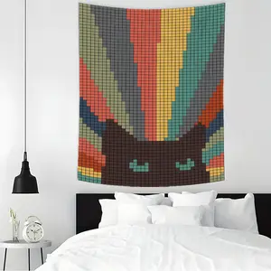 Retro Pixel Art Cat Tapestry - Vibrant 80s Video Game Style Wall Hanging, Soft Goth Bedroom Decor,Gaming Room Decor,Geeky Gift for Gamers, Anime Fans, Kawaii Room Aesthetic - Machine Washable Polyester